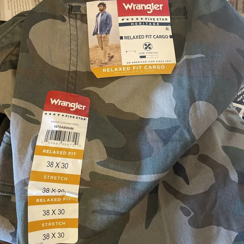 Men's Wrangler Five Star Heritage Relaxed Stretch Fit Camo Cargo Pants 38x30 NEW